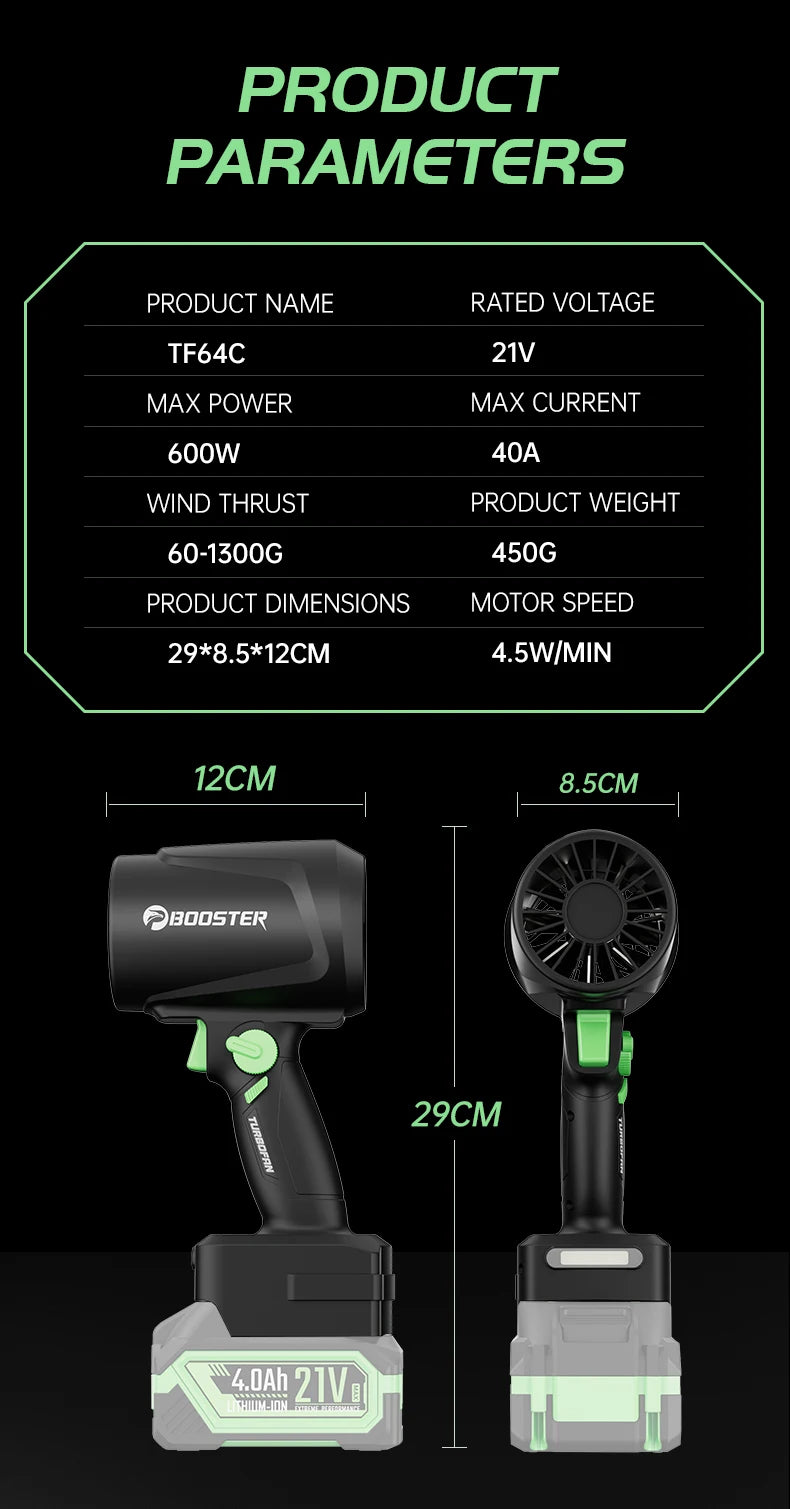 Booster 1300G Turbo Air Blower – 55m/s Brushless Jet Fan | Handheld High‑Power Leaf & Dust Blower