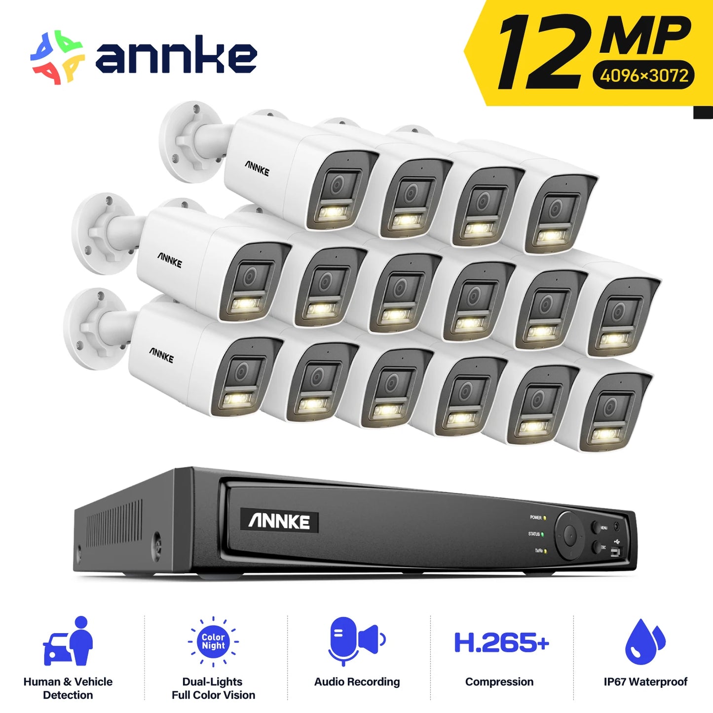 ANNKE 12MP 6K PoE CCTV System | 16CH NVR, Dual‑Light Cameras, Audio, Human & Vehicle Detection