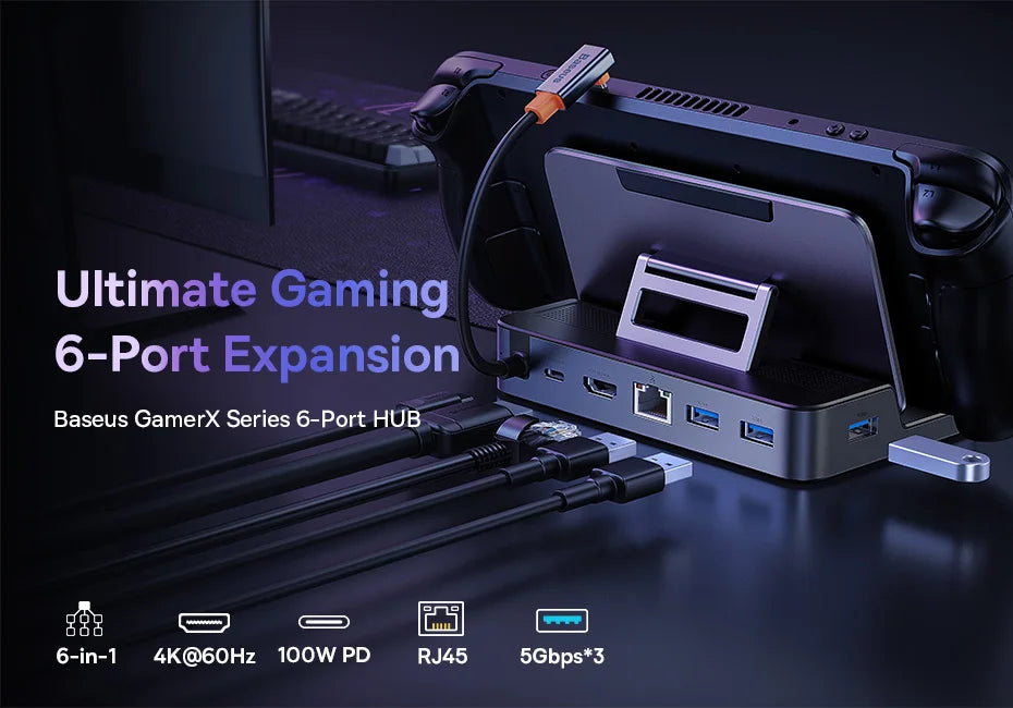 Baseus 6‑in‑1 USB‑C Docking Station | HDMI 4K@60Hz, RJ45, USB 3.0, PD 100W