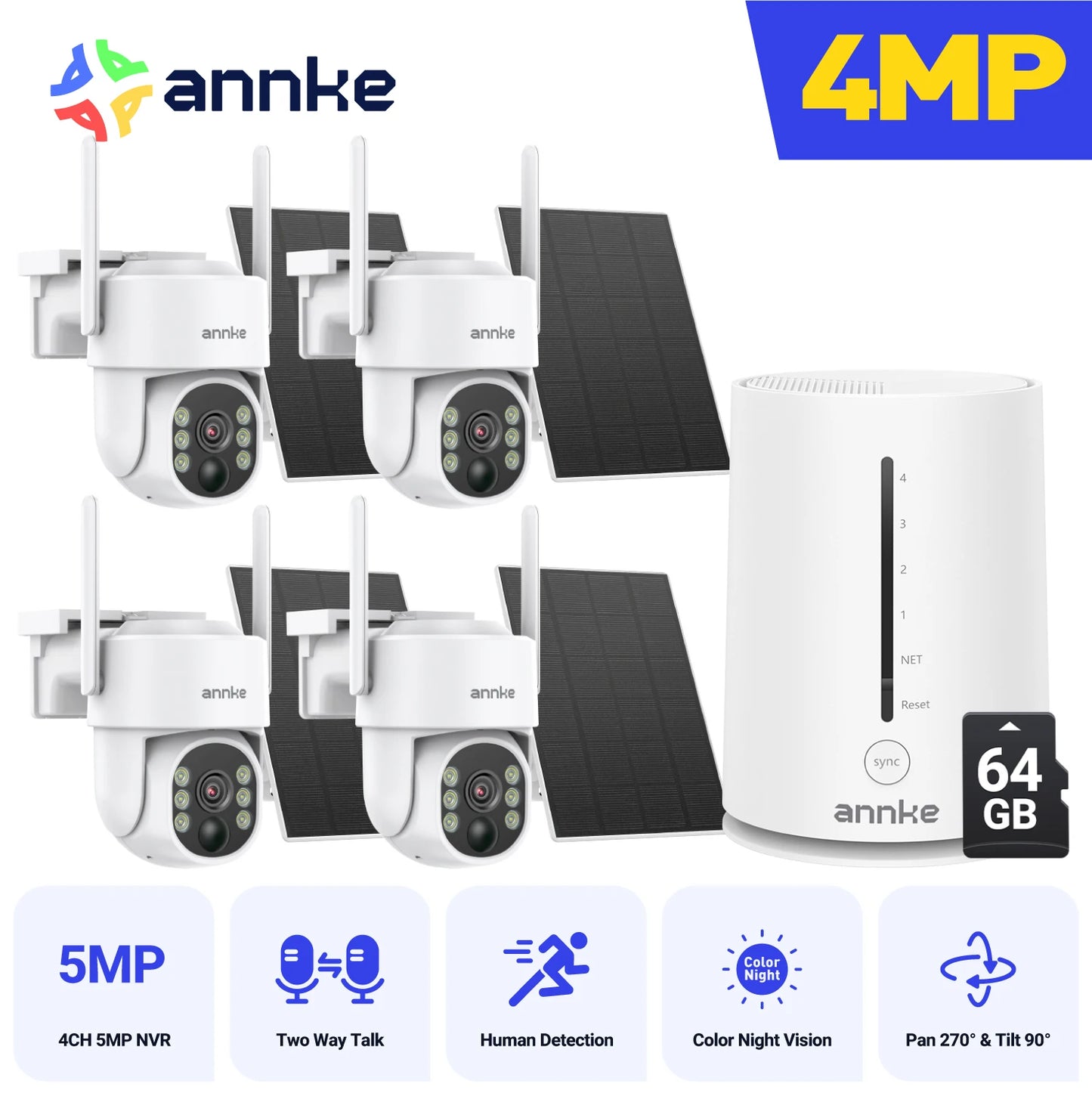 ANNKE 4MP Solar Wireless Camera System | 4CH NVR, Color Night Vision, Dual‑Band WiFi