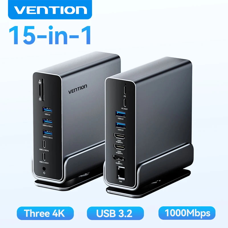 Vention USB‑C 15‑in‑1 Dock | Triple Monitor 4K 60Hz HDMI + DP, USB 3.2, PD 100W for MacBook & Windows