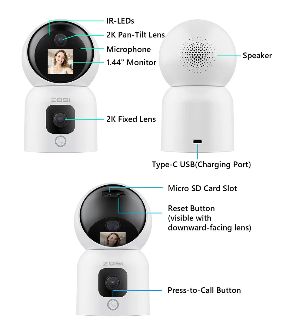 ZOSI 360° PTZ Smart Home Security Camera – Auto‑Tracking Indoor WiFi Baby & Pet Monitor with AI Detection & HD Night Vision