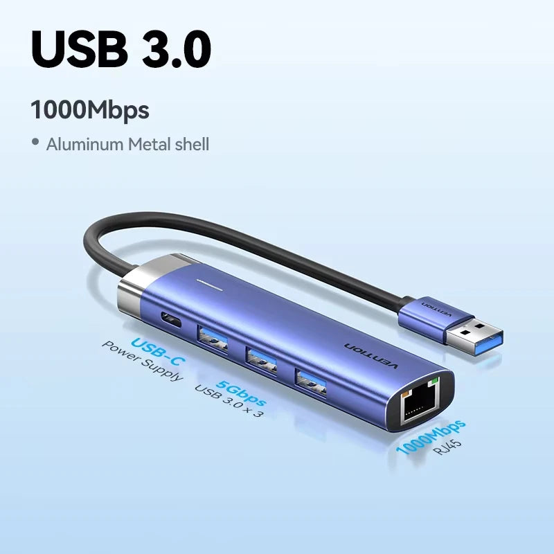 Vention USB 3.0 Ethernet HUB | Gigabit RJ45 1000Mbps Adapter with USB Expansion