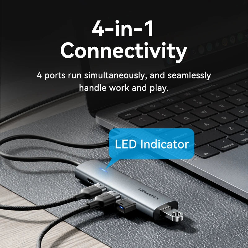 Vention USB‑C to USB‑A 4‑Port Hub | High‑Speed USB 3.0 Splitter for MacBook & Laptops