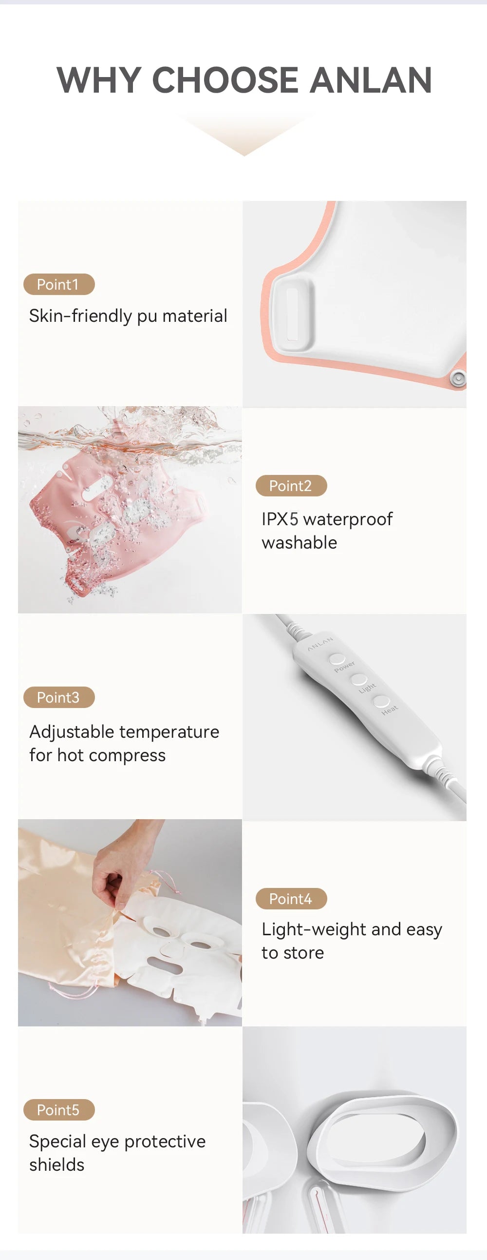 ANLAN LED Facial Mask | 5‑Color LED, Silicone, Anti‑Aging, Heating Photon Therapy