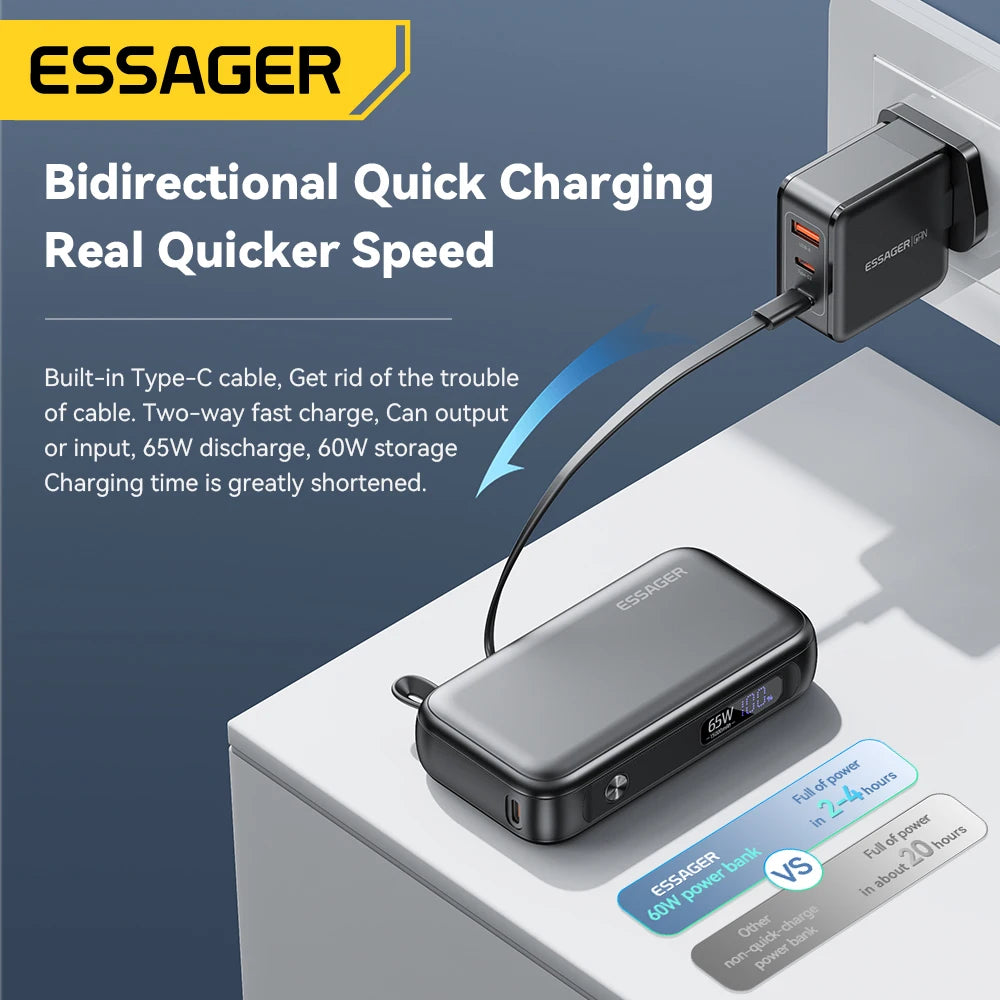 ESSAGER 15000mAh Power Bank 65W with USB-C Cable