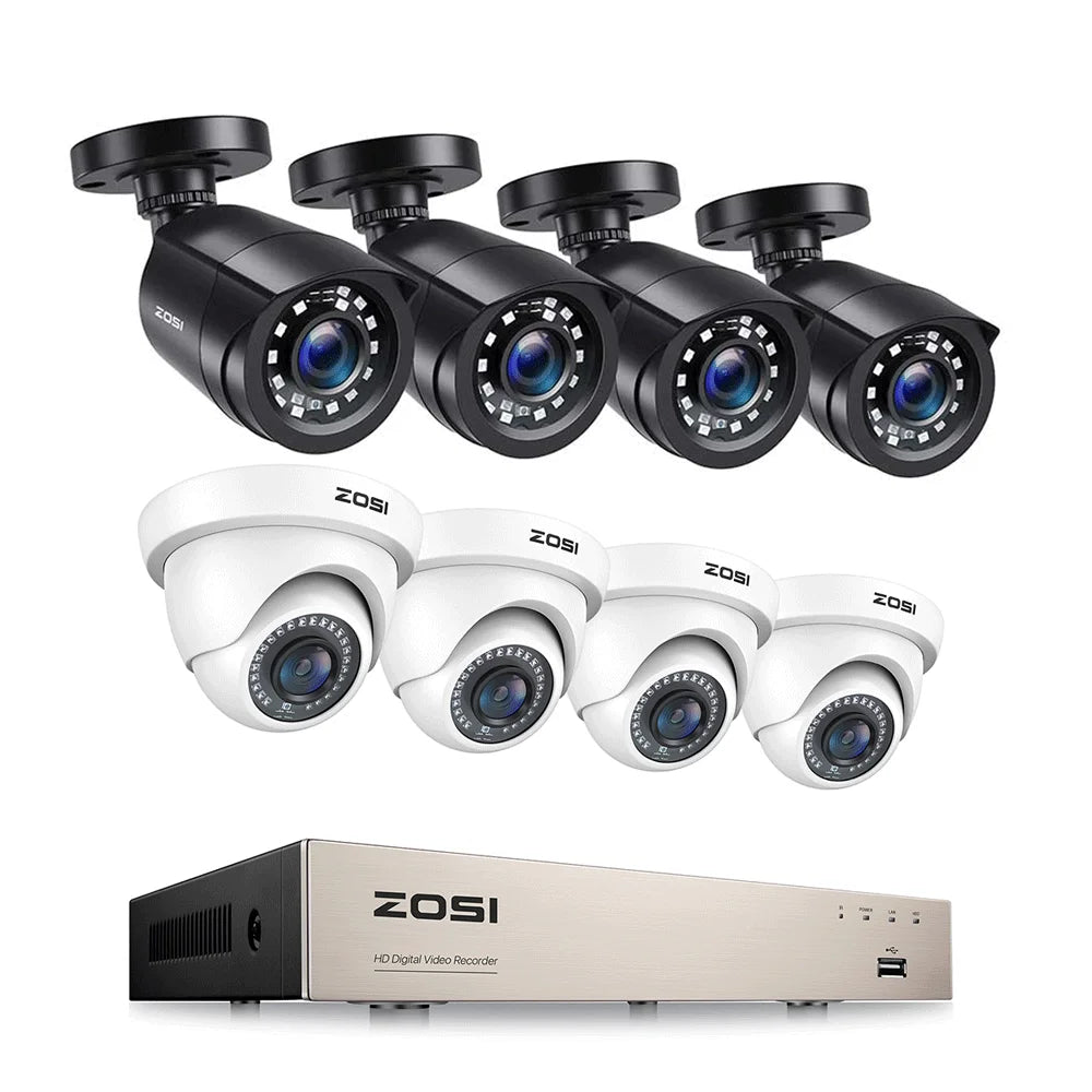 ZOSI 8CH 1080p Wired Security Camera System – H.265+ DVR Recorder with 8× 2MP Outdoor HD‑TVI CCTV Cameras