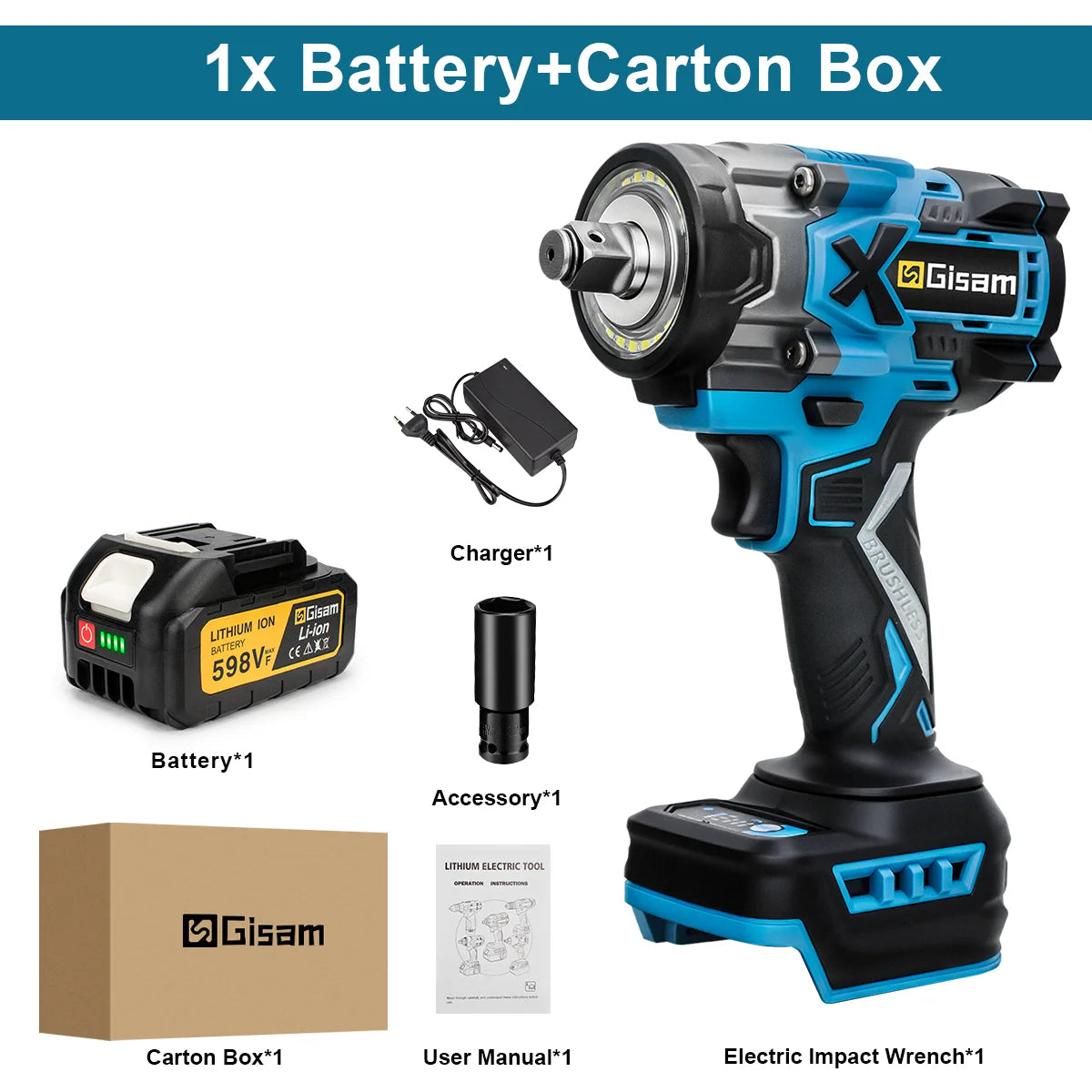 Gisam 900N.m Torque Brushless Electric Impact Wrench 1/2 inch Cordless Drill Screwdriver Power Tool Set For Makita 18V Battery