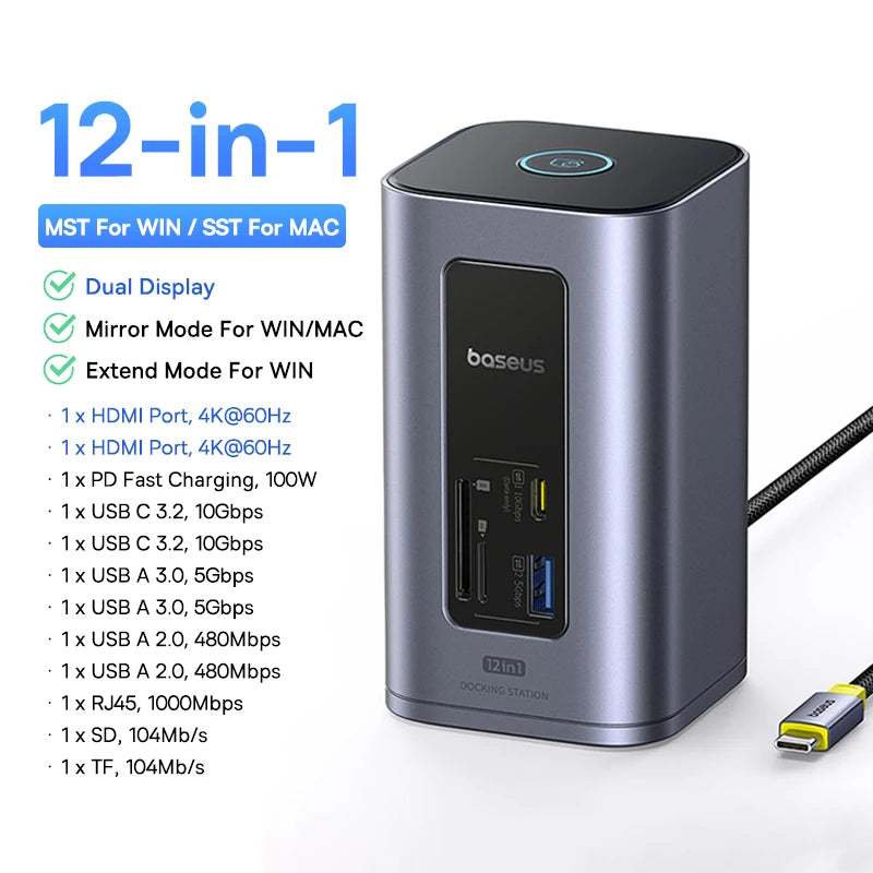 Baseus 12‑in‑1 USB‑C HUB | Dual HDMI 4K@60Hz, USB 3.2, RJ45, SD/TF, PD 100W Docking Station
