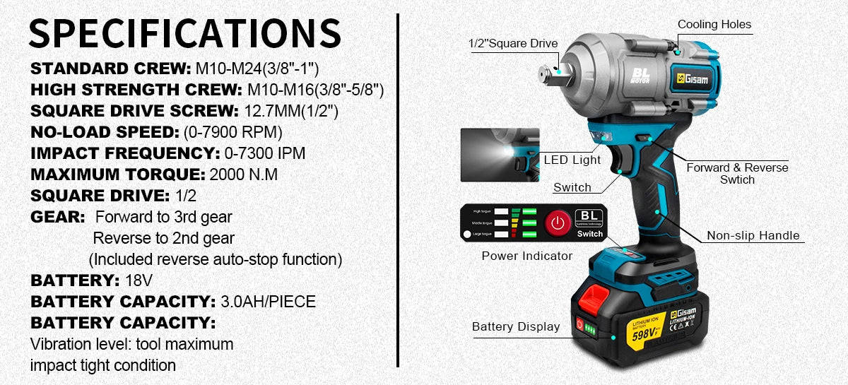 Gisam 2000N.m Brushless Impact Wrench 1/2"