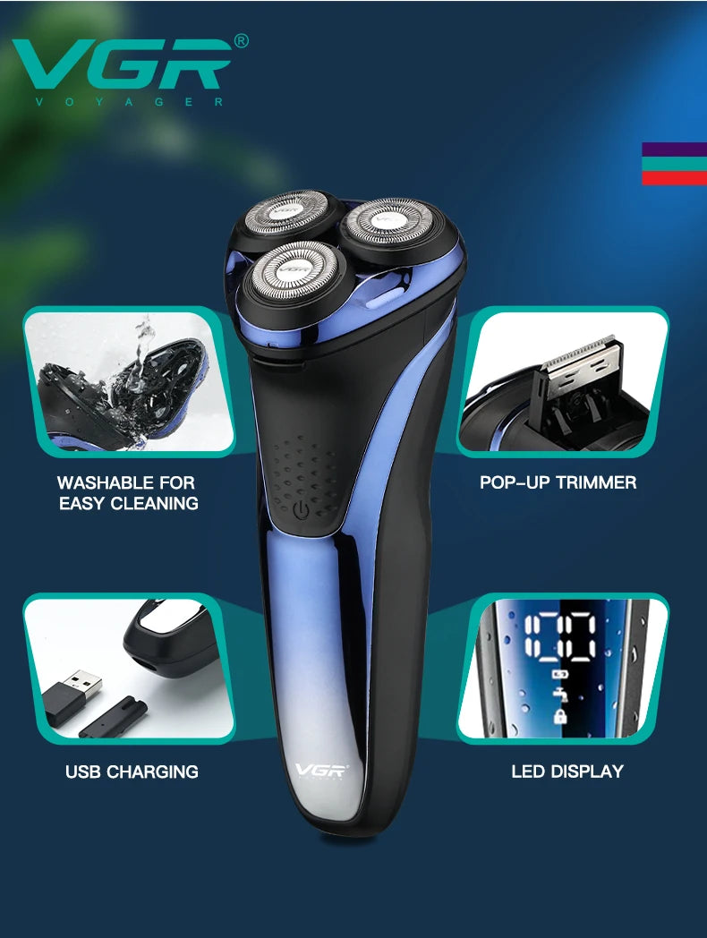 VGR Electric Shaver Professional Razor Waterproof Beard Trimmer Rotary 3D Floating Shaving Rechargeable Electric for Men V-306