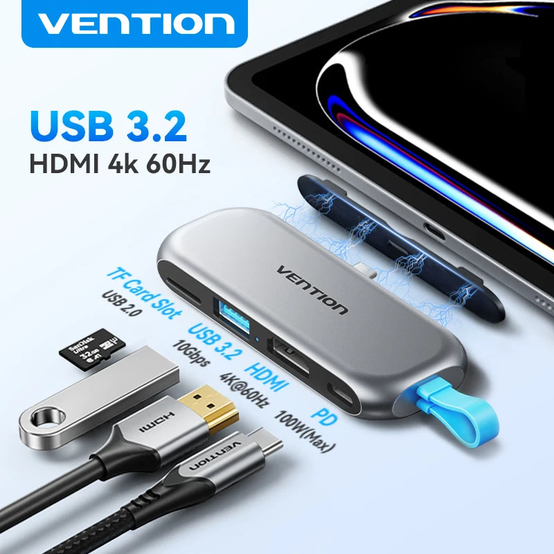 Vention USB‑C 4‑in‑1 Hub | USB 3.2 Gen2, 4K60Hz HDMI, PD 100W Portable Docking Station