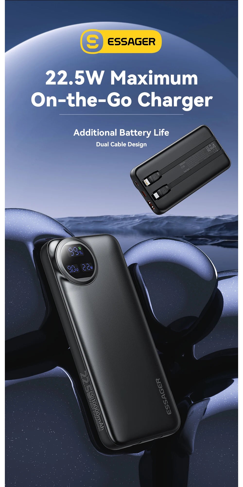 ESSAGER 22.5W Power Bank 20000mAh with Two Built-in Cables
