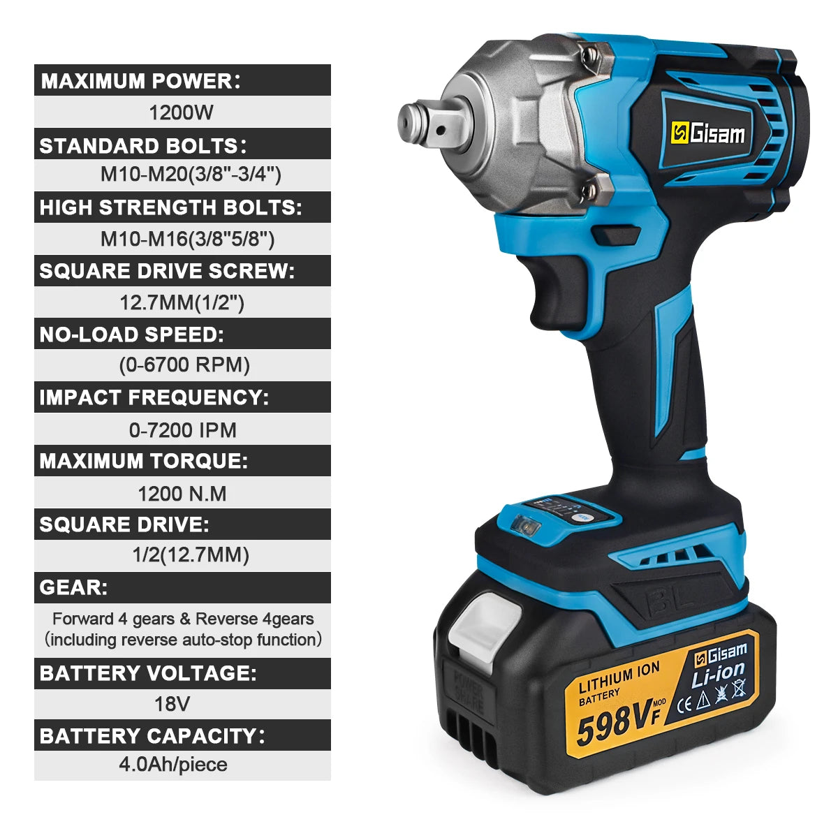 Gisam 1200N.m Torque Brushless Electric Impact Wrench 1/2 inch Cordless Wrench Screwdriver