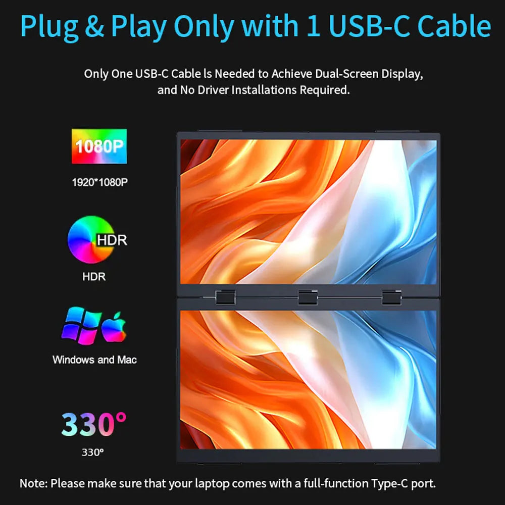 Sibolan 18.5 inch Dual Touch Screen Monitor 1080p FHD 330°Rotation Folding Triple Screen Laptop Display Extender For Wins & Macs - Limetastore