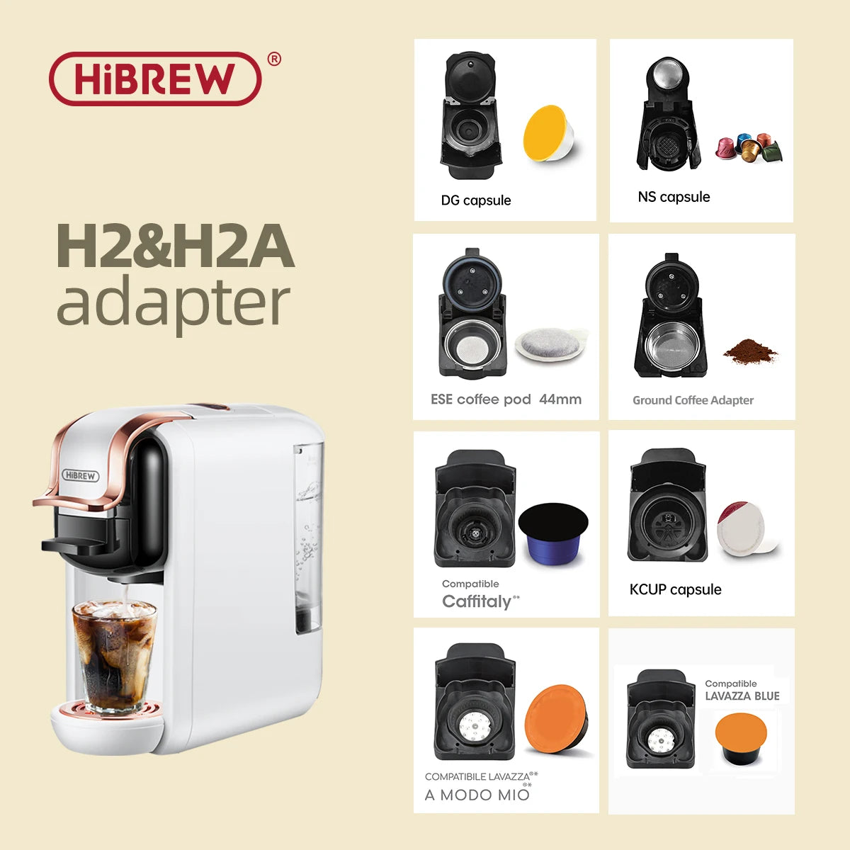 HiBREW H2A & H2B – Sistem z adapterjem za več kapsul | Združljiv z Nespresso, Dolce Gusto, mleto kavo, ESE podi