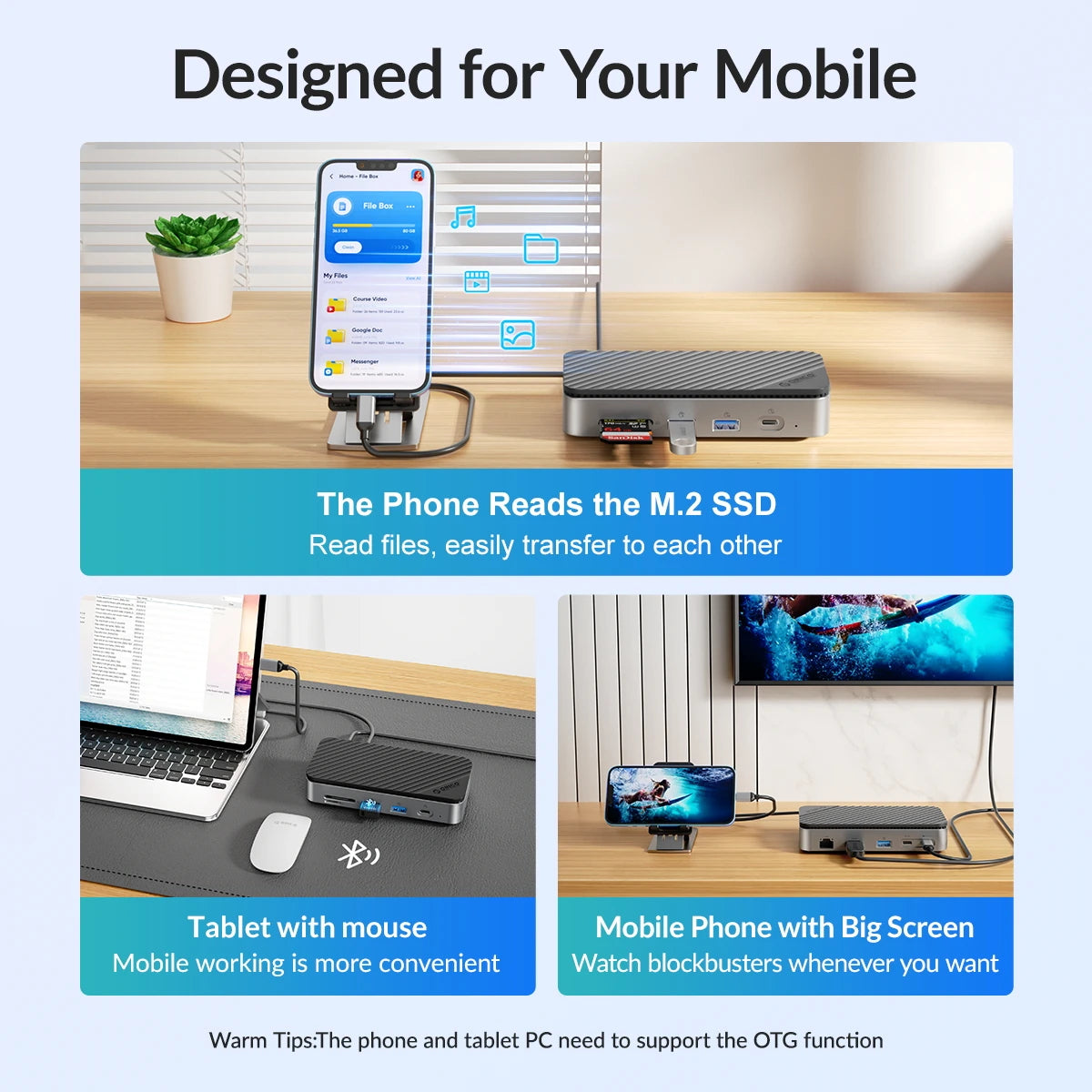 ORICO USB‑C Docking Station with M.2 NVMe/SATA SSD Enclosure (10Gbps), Cooling Fan