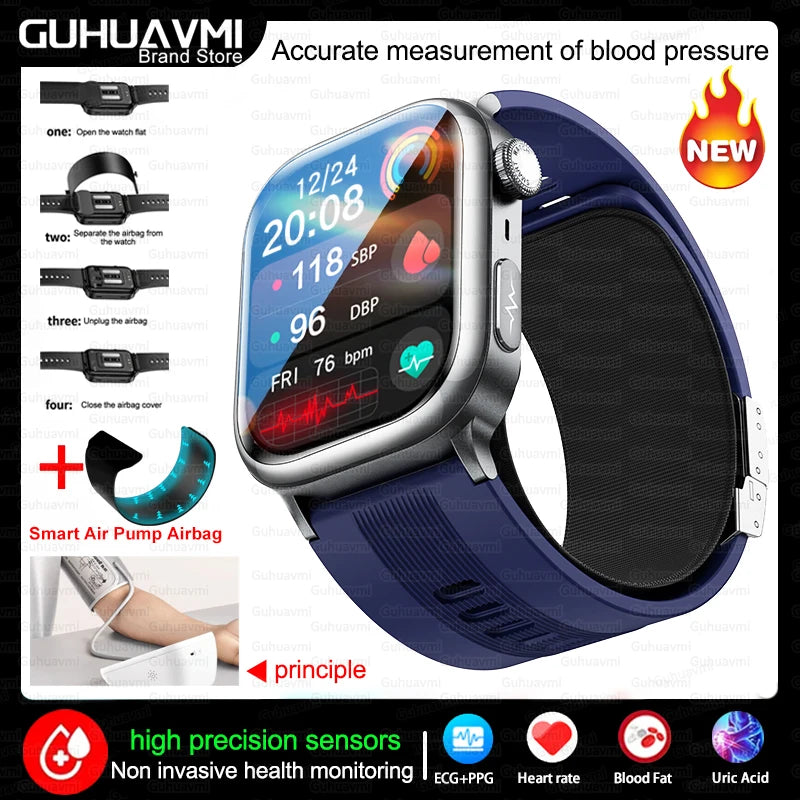 NFC Smart Watch Air Pump+Air Bag Accurate Blood Pressure Fat Health Measure BT Call Sports Tracking Sapphire Glass Smart Watch - Limetastore