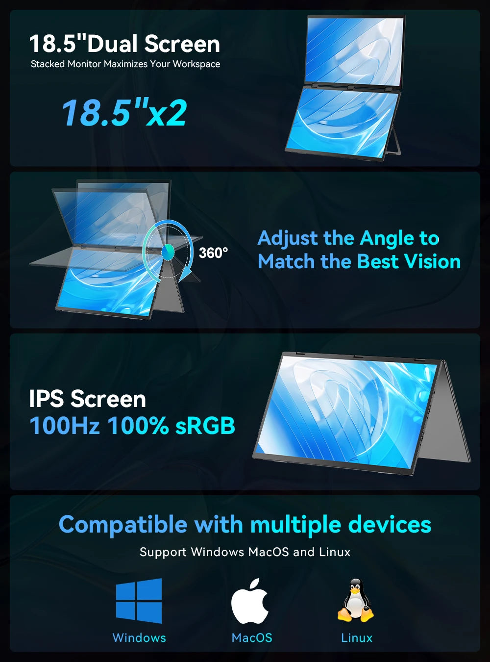 UPERFECT 18.5" Dual Screen Portable Monitor - 100Hz 100% sRGB 1080P HDR for PC, Mobile Phone, and Game Console - Limetastore