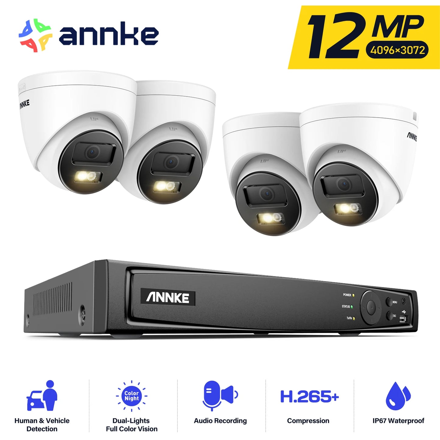 ANNKE 12MP PoE CCTV System | 8CH H.265+ NVR, 4/8× 12MP Cameras, Audio Recording