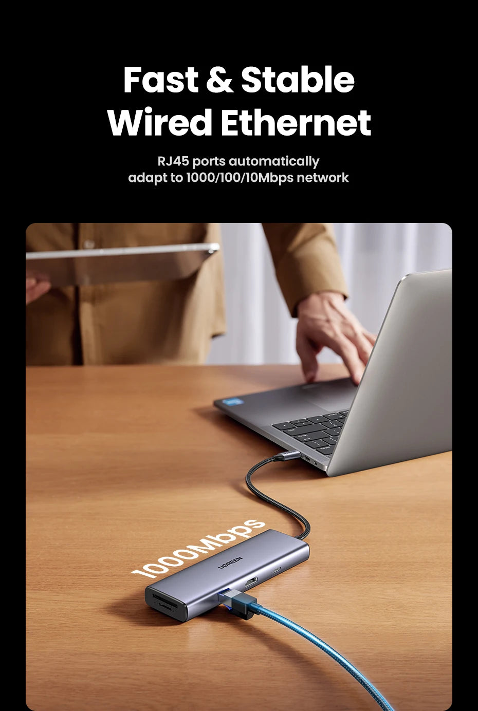 UGREEN 8‑in‑1 USB‑C Hub with 4K60Hz HDMI, Gigabit Ethernet, SD/TF, USB‑A & USB‑C