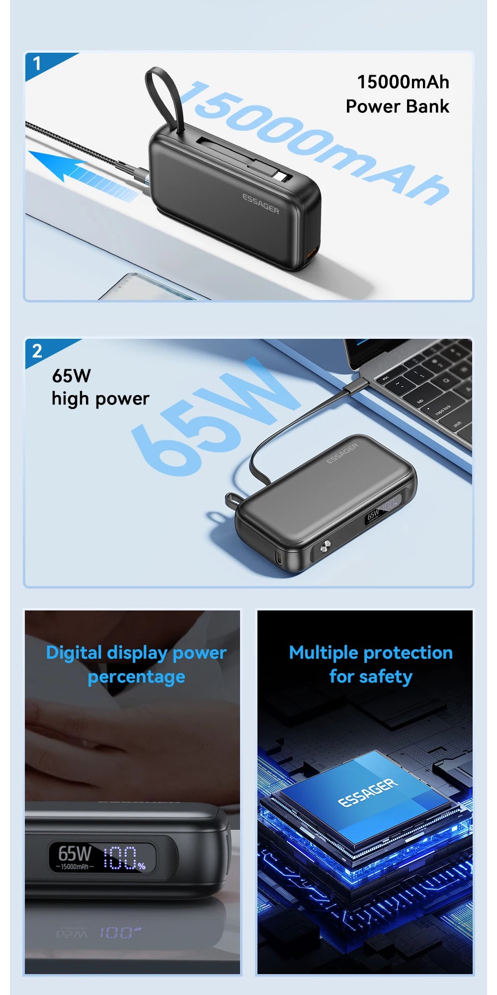 ESSAGER 15000mAh Power Bank 65W with USB-C Cable