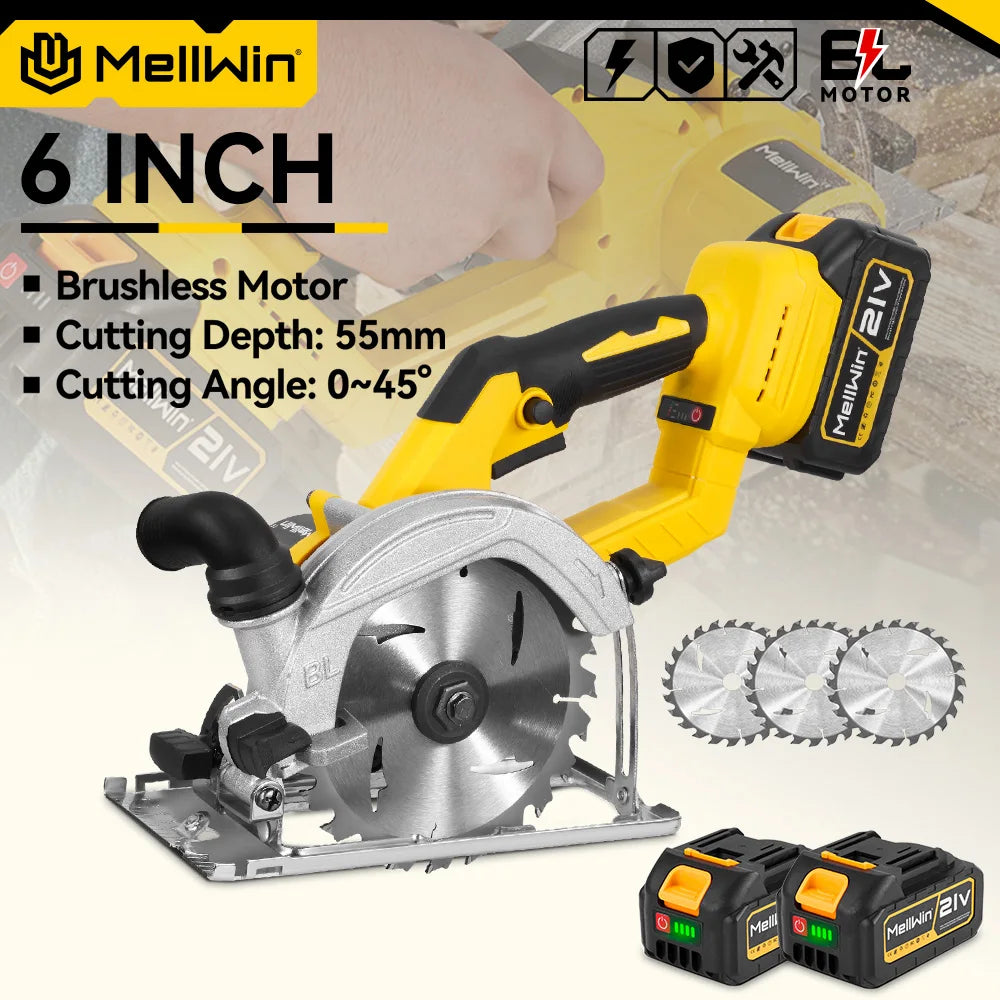 MELLWIN Brushless 6 Inch Electric Circular Saw 3 Gear Cordless Handheld Circular Saw Woodworking Tool For Makita 18V Battery Pin - Limetastore