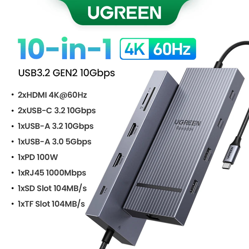 UGREEN 10‑in‑1 Dual HDMI USB‑C Hub with 8K & 4K Output, Gigabit Ethernet, USB 3.0, PD100W