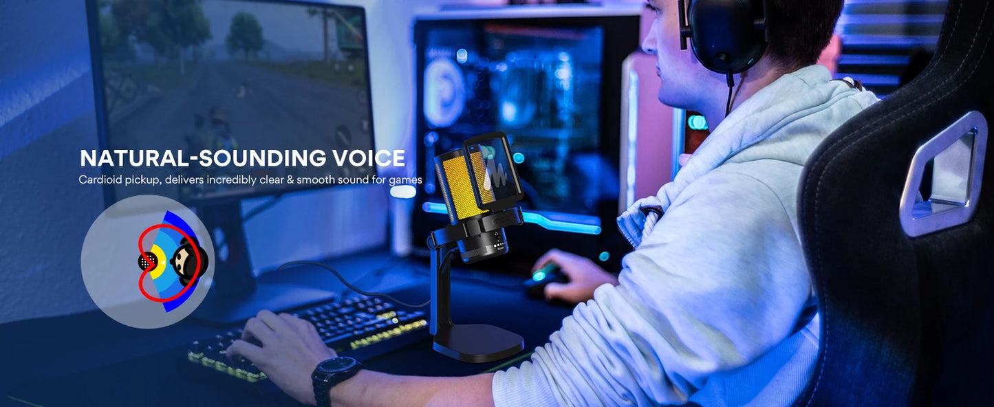 Maono DGM20 – USB Gaming Condenser Microphone | RGB Mic with Noise‑Reduction Software, Gain Control & One‑Key Mute for Streaming & Recording