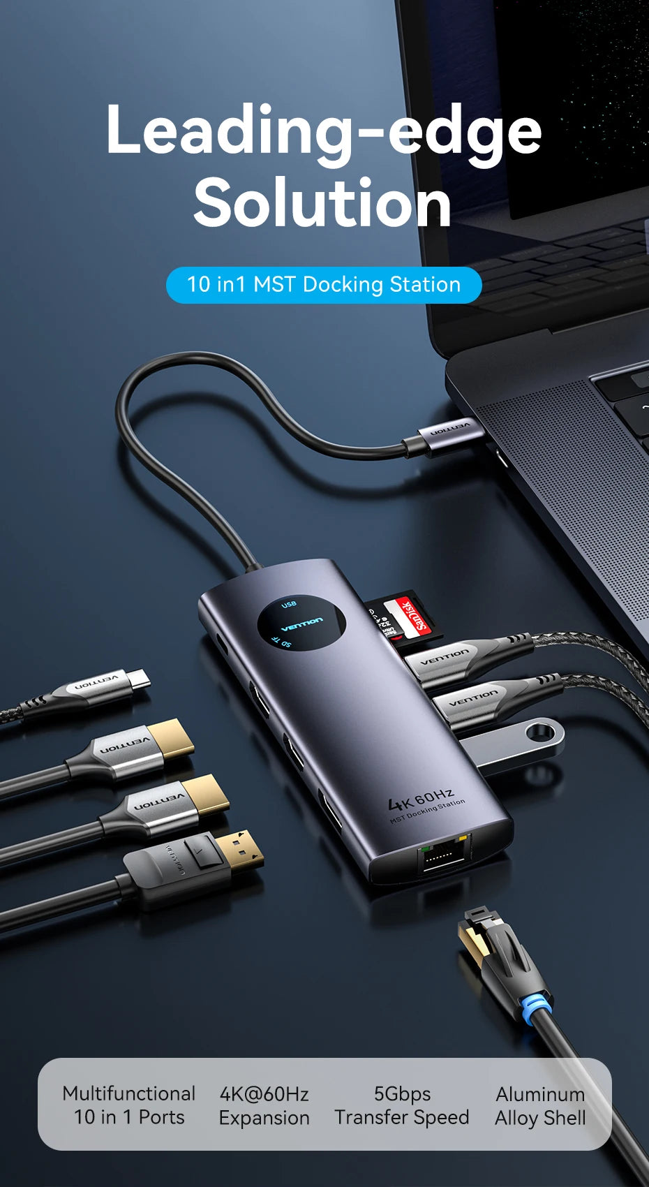 Vention USB‑C 10‑in‑1 Hub | HDMI + DP 4K60Hz, RJ45, PD 100W, USB 3.0 Docking Station