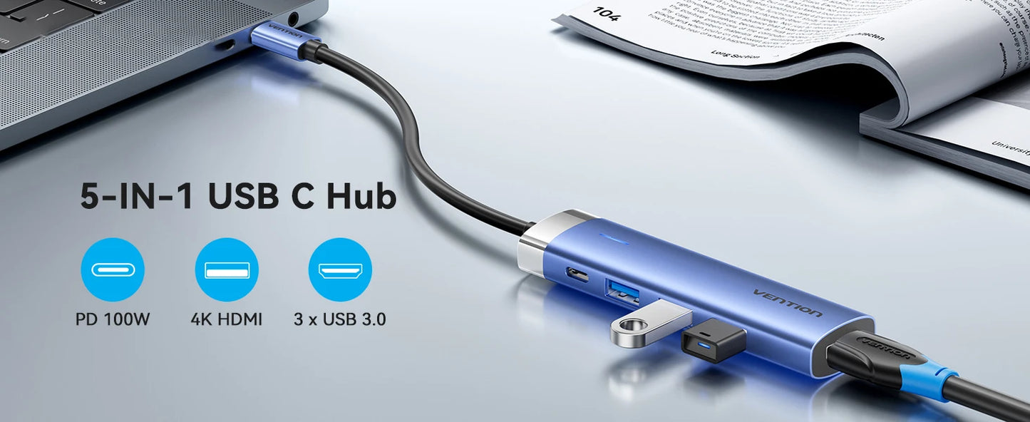 Vention USB‑C 5‑in‑1 Hub | HDMI 4K, PD 100W, USB 3.0 5Gbps Docking Station