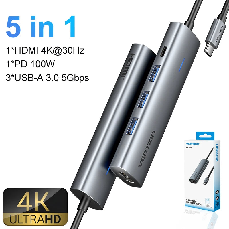 Vention 5‑in‑1 USB‑C Hub | 4K60Hz HDMI, USB 3.0, PD100W Multiport Dock for MacBook & Android