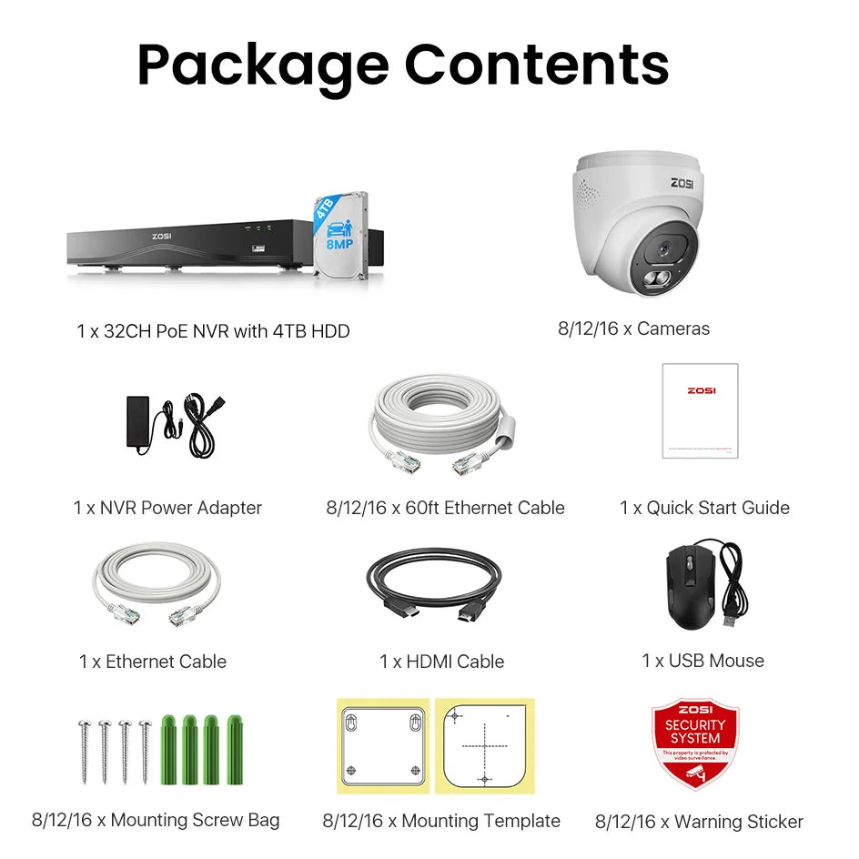 ZOSI 4K 16CH PoE Security Camera System – 8MP Indoor/Outdoor IP Cameras with 16‑Port 32CH