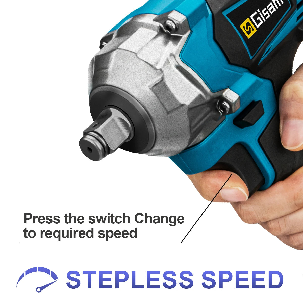 Gisam 1200N.m Torque Brushless Electric Impact Wrench 1/2 inch Cordless Wrench Screwdriver