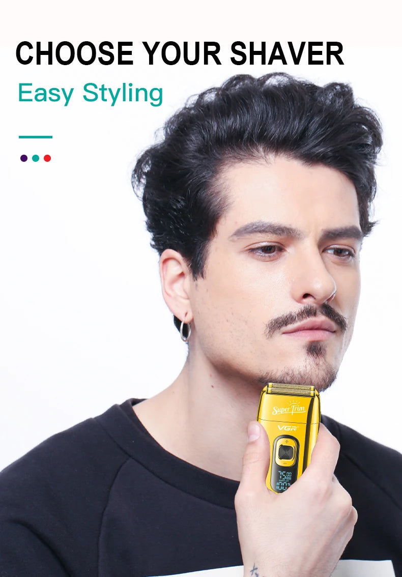 VGR Electric Shaver Professional Beard Shaver Reciprocating Bald Shaver Beard Trimmer Rechargeable LED Display Golden V-332