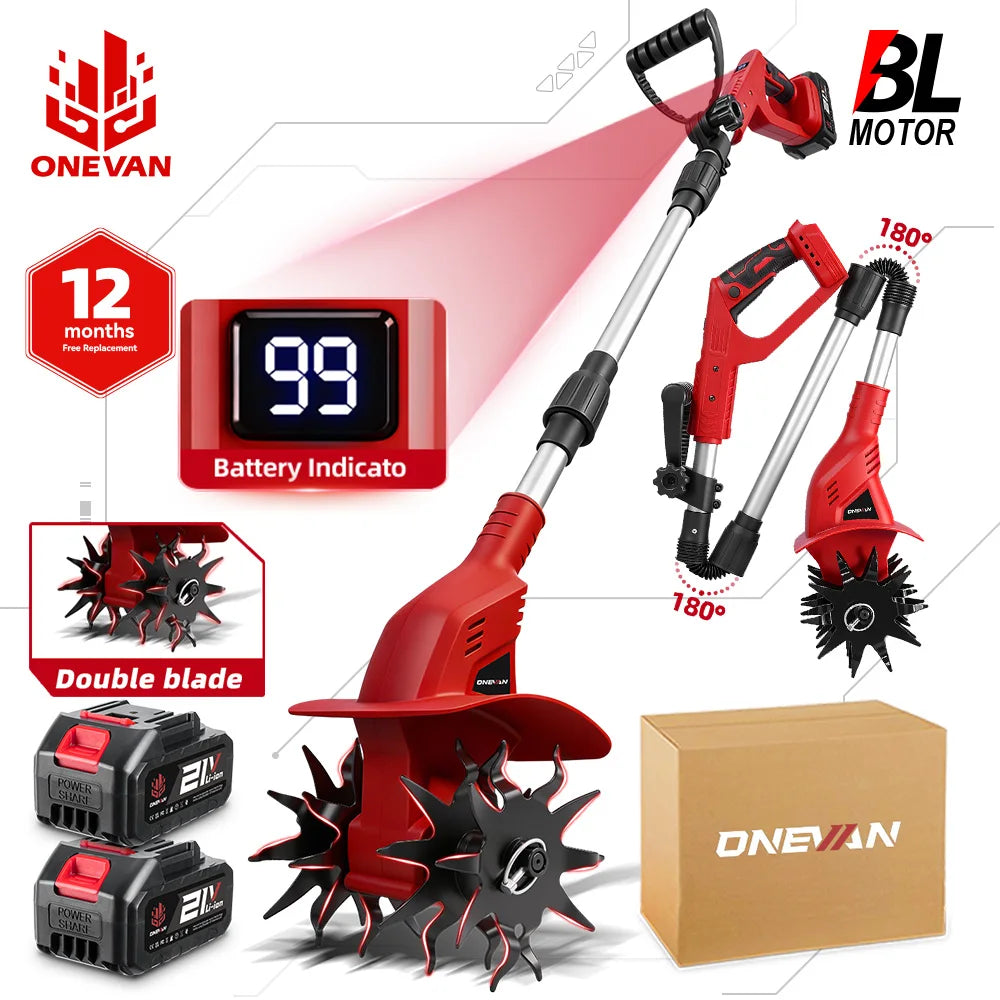 ONEVAN Brushless 1600W Electric Rototiller Tiller Cultivator Lawn Mower Cordless Scarifier Garden Tool For Makita Battery Pin