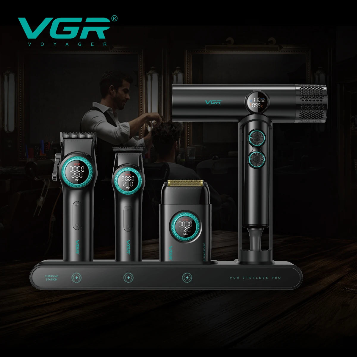 VGR Trimmer Professional Hair Clipper 9000 RPM Barber Cordless Shaver Electric Hair Dryer Stepless Pro 4 in 1 Trimmer for Men
