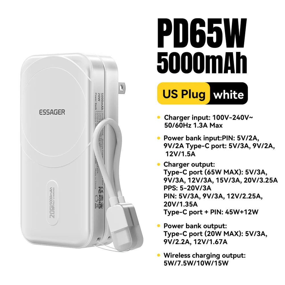 ESSAGER 3-in-1 Magnetic 65W GaN Charger Power Bank 5000mAh