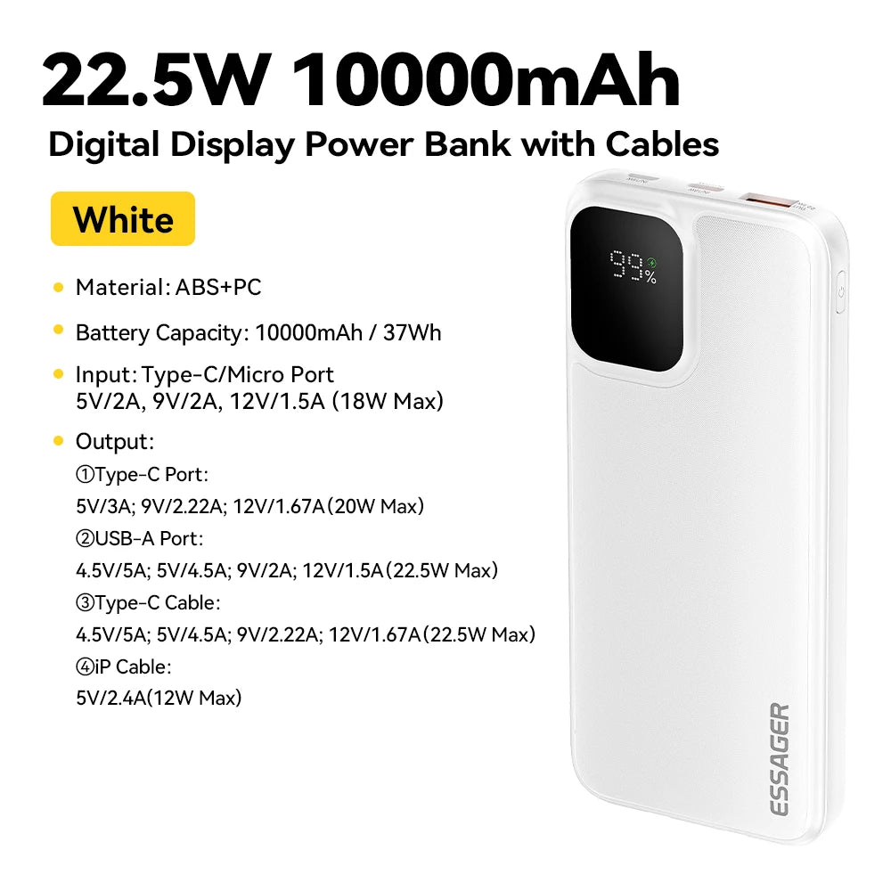 ESSAGER 20000mAh Power Bank with Two Built-in Cables 22.5W PD
