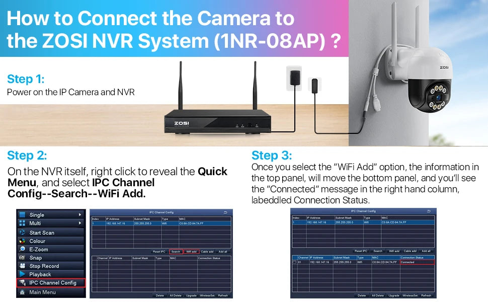 ZOSI 2K 3MP Pan/Tilt Outdoor WiFi PTZ Camera – Add‑On Camera for ZOSI NVR Systems