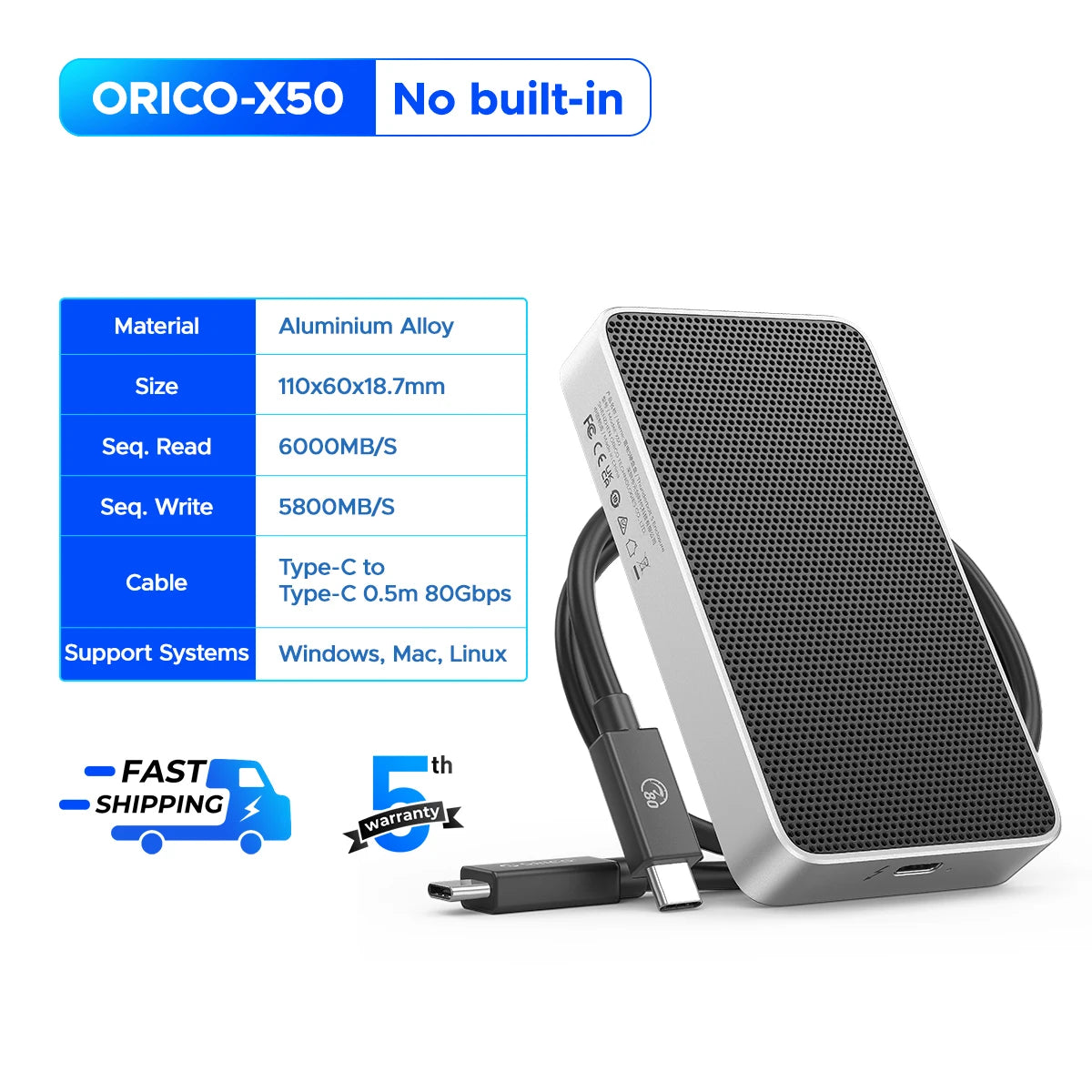 ORICO 80Gbps Thunderbolt 5‑Compatible M.2 NVMe SSD Enclosure with JHL9480 Chip