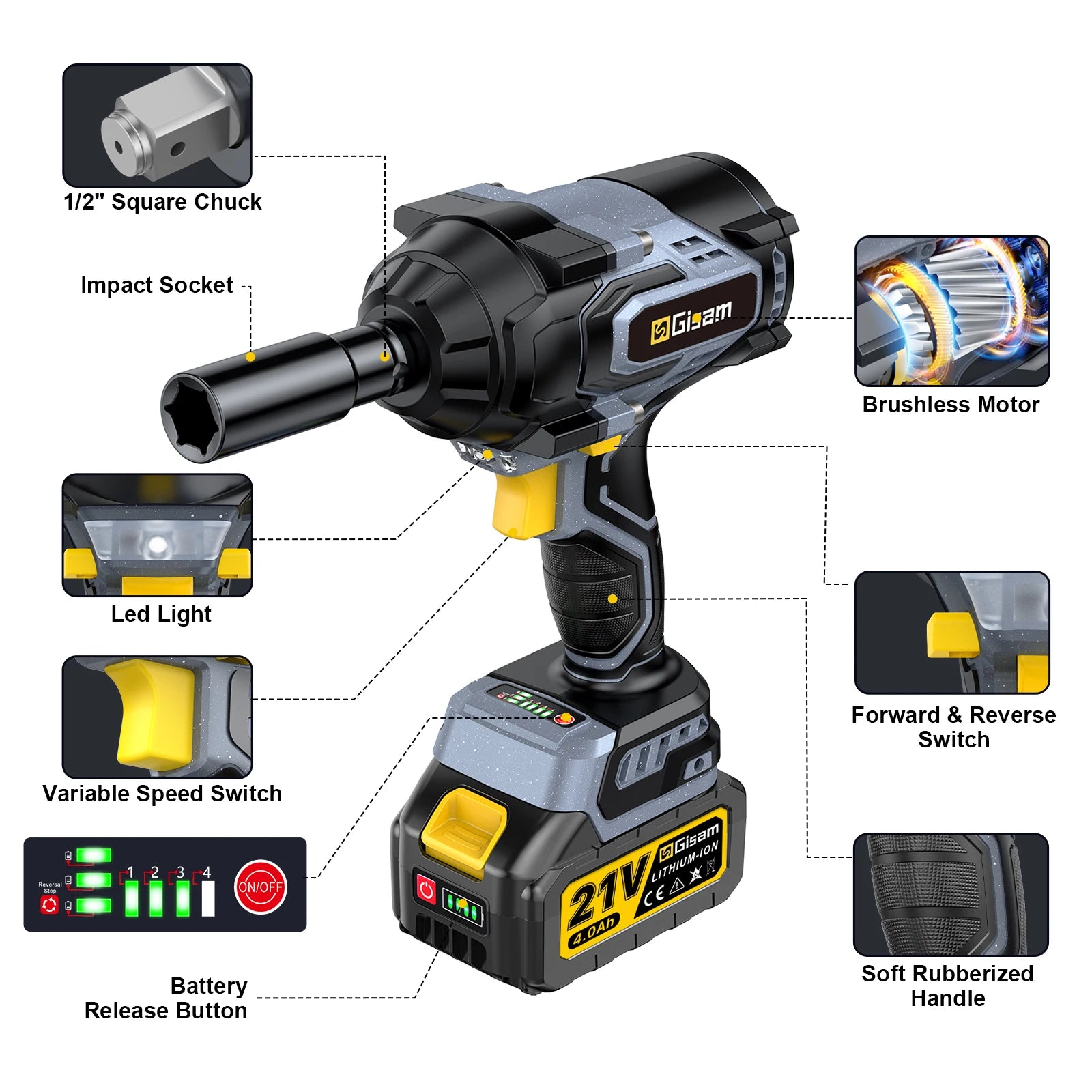 Gisam 1400N.m Brushless Impact Wrench 1/2"