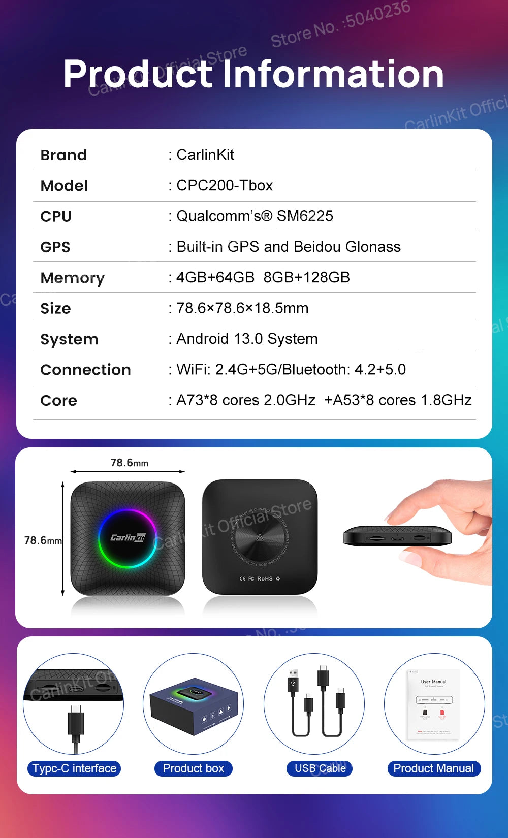 CarlinKit Android 13 LED/PLUS 8+128GB Wireless CarPlay AI Box