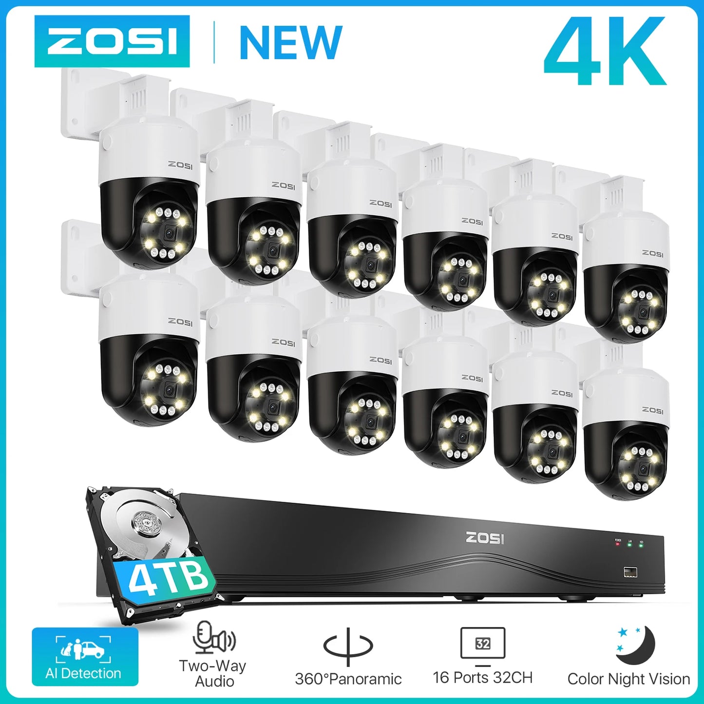 ZOSI 4K 32CH PoE Security Camera System – 8MP AI Human/Vehicle Detection, Dual‑Disk NVR & Auto‑Tracking