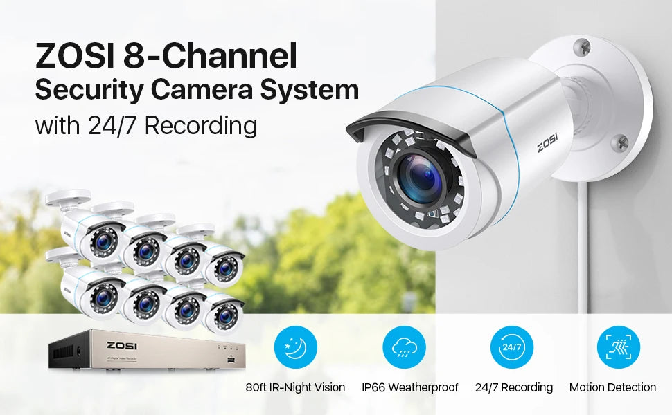 ZOSI 8CH 1080p Wired Security Camera System – H.265+ DVR with 8× 2MP Outdoor CCTV Cameras