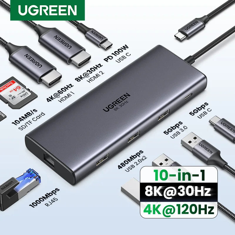 UGREEN 10‑in‑1 Dual HDMI USB‑C Hub with 8K & 4K Output, Gigabit Ethernet, USB 3.0, PD100W