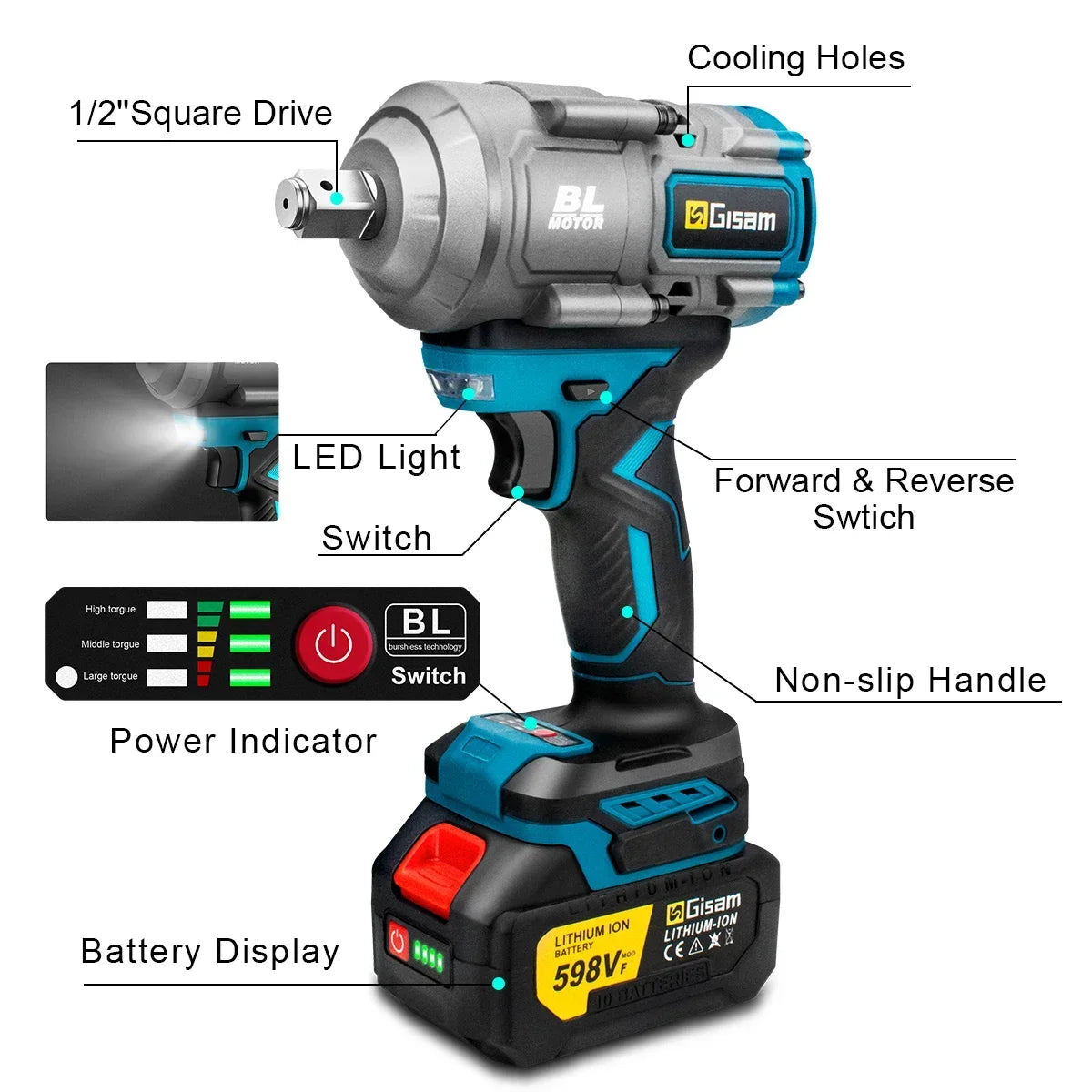 Gisam 2000N.m Brushless Impact Wrench 1/2"