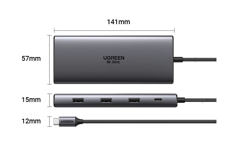 UGREEN 10‑in‑1 Dual HDMI USB‑C Hub with 8K & 4K Output, Gigabit Ethernet, USB 3.0, PD100W