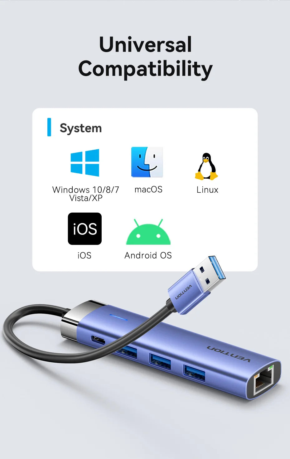 Vention USB 3.0 Ethernet HUB | Gigabit RJ45 1000Mbps Adapter with USB Expansion