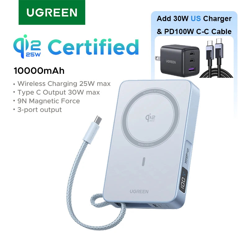 UGREEN Qi2.2 25W Magnetic Power Bank – 10000mAh Fast Charging External Battery